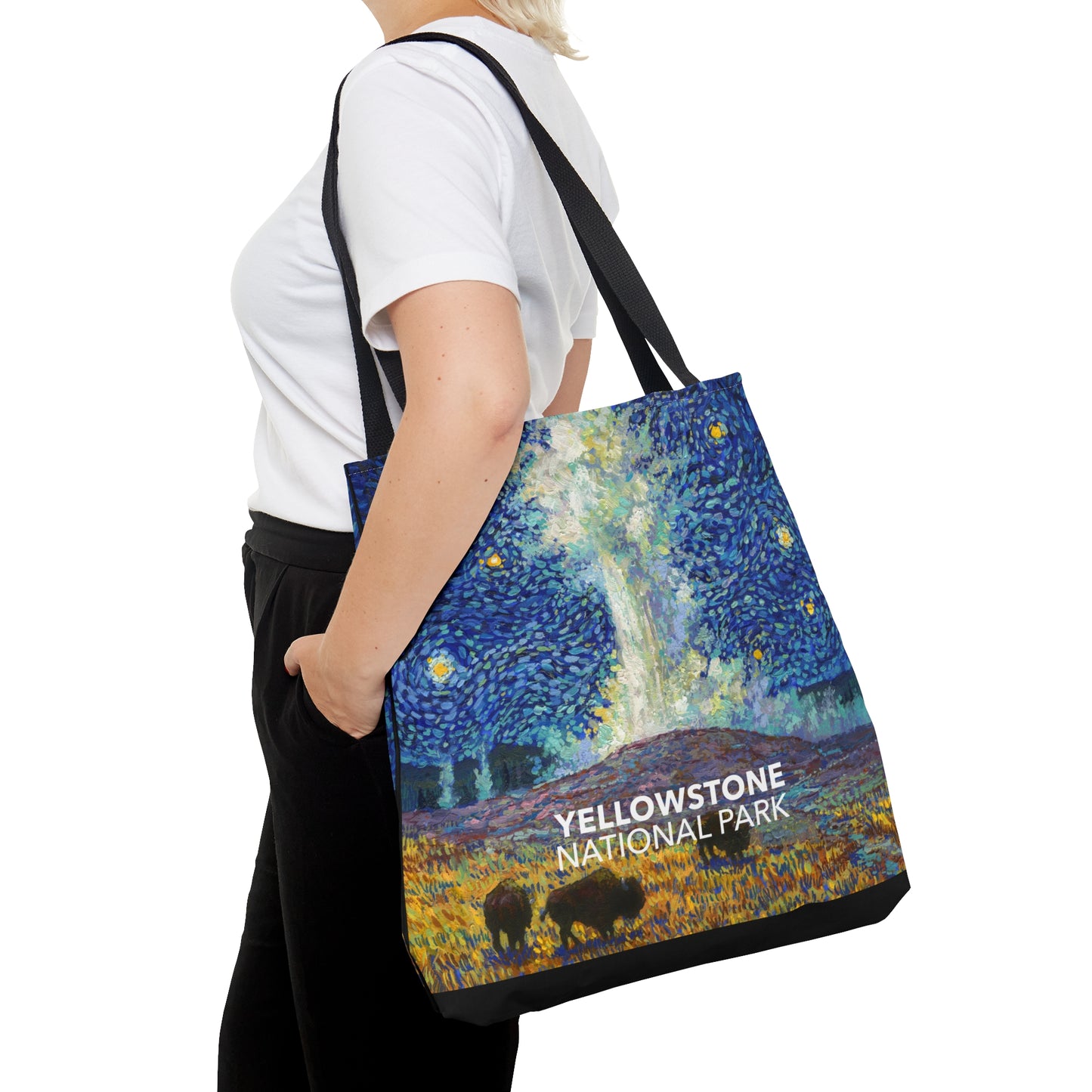 Yellowstone National Park Tote Bag - Old Faithful Starry Night