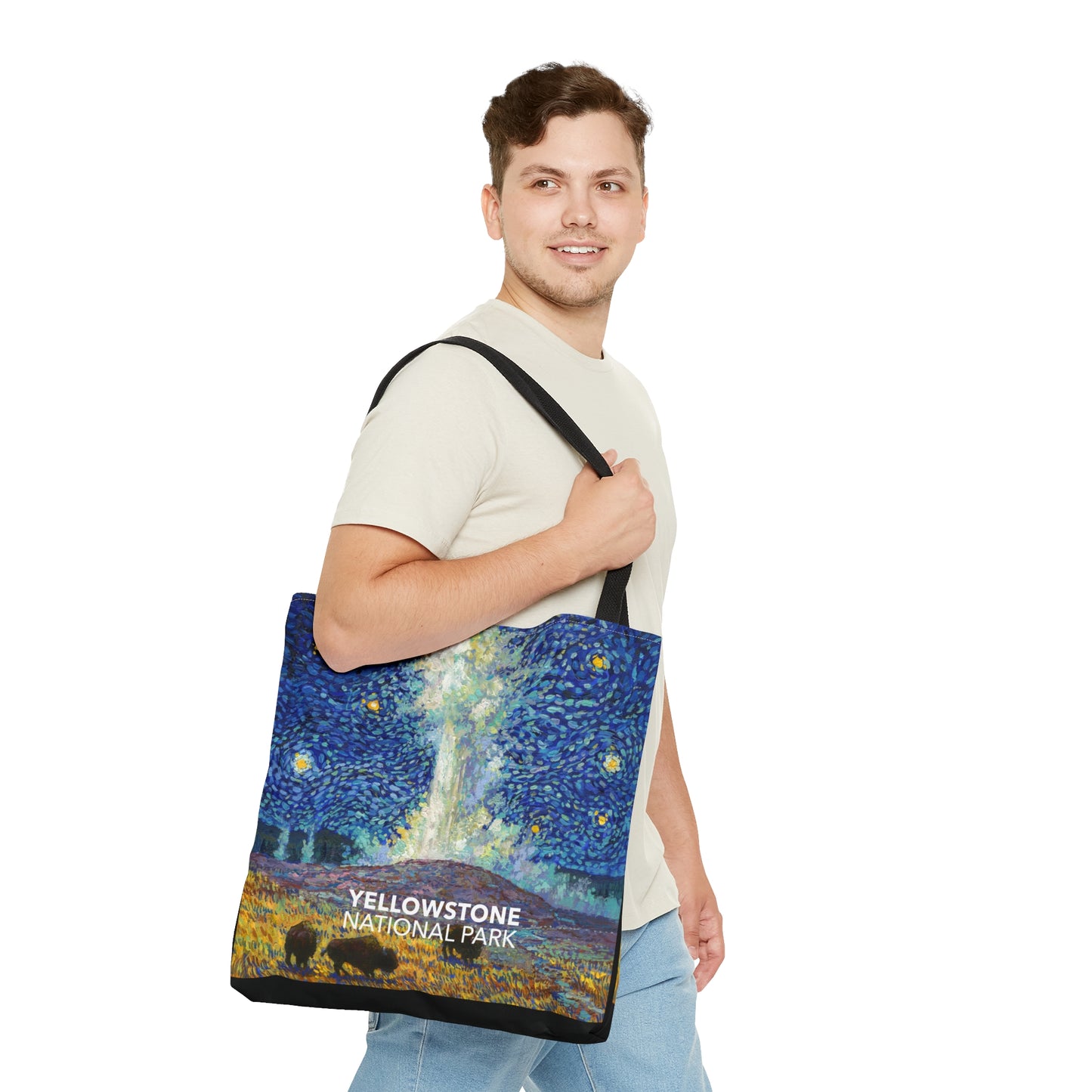 Yellowstone National Park Tote Bag - Old Faithful Starry Night